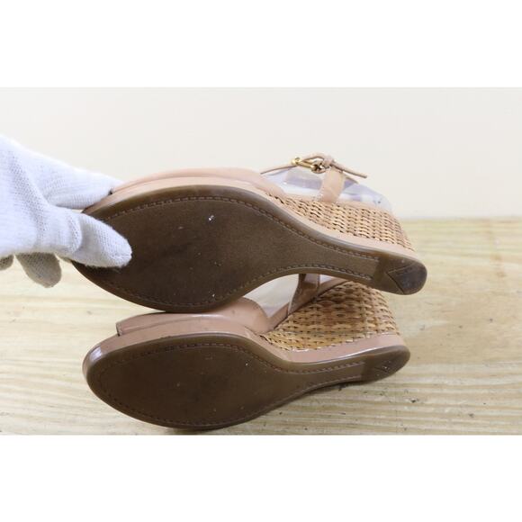 Prada Sandals 39.5 Brown Patent Leather Nude Vernice Wedge Buckle Shoes Italy - Picture 10 of 16